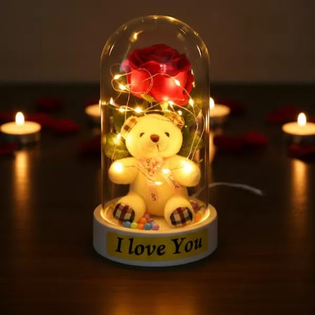 Ayıcıklı Ledli Gül Fanus