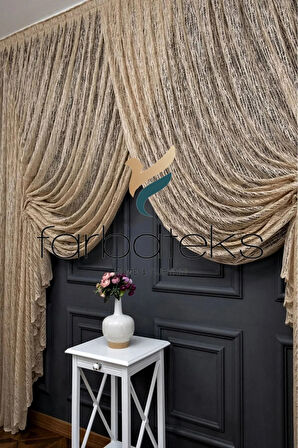 Vizon Bej Açık Kahverengi Kruvaze Perde Tül Tiyatro Perdesi Camkırık Model