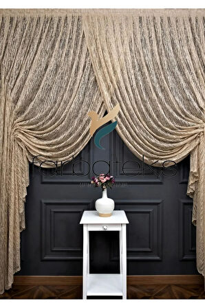 Vizon Bej Açık Kahverengi Kruvaze Perde Tül Tiyatro Perdesi Camkırık Model