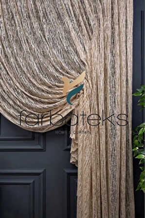 Vizon Bej Açık Kahverengi Kruvaze Perde Tül Tiyatro Perdesi Camkırık Model