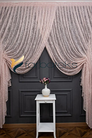 Pudra Pembe Kruvaze Perde Modelleri Yanki Tül Tiyatro Perdesi Camkırık Model