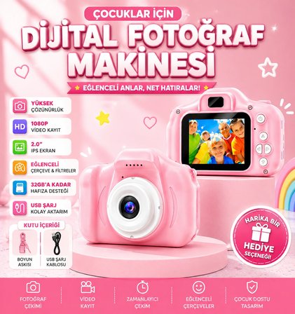 Çocuk Dijital Fotoğraf Makinesi | HD Kamera | Video Kayıt Özellikli | Eğitici ve Eğlenceli Oyuncak Kamera | Çocuklar İçin