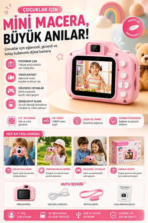 Çocuk Dijital Fotoğraf Makinesi | HD Kamera | Video Kayıt Özellikli | Eğitici ve Eğlenceli Oyuncak Kamera | Çocuklar İçin