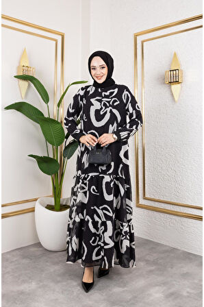 Kadın Astarlı Şifon Desenli Elbise