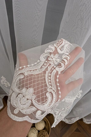 Kort Damask Işlemeli Exculusive Işleme Salon Ipek Tül Perdesi 1e 3kat Pileli Tül