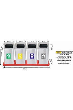 4'lü 54 Litre Paslanmaz Çelik Bazalı Geri Dönüşüm Kutusu