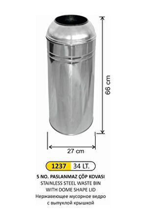 34 Litre Bombe Kapaklı Paslanmaz Çelik Çöp Kovası
