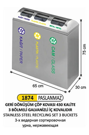 3'lü Paslanmaz Çelik Geridönüşüm Çöp Kovası