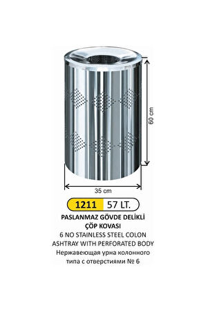 57 Litre Paslanmaz Çelik Gövde Delikli Çöp Kovası No 6