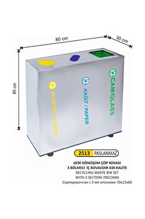 3 Bölmeli Paslanmaz Dekoratif Kapaklı Geridönüşüm Kutusu