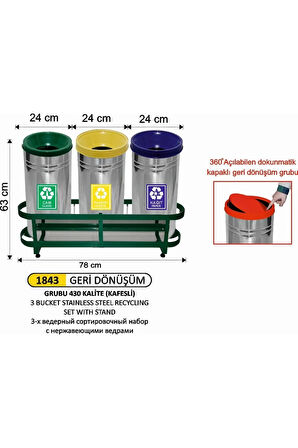 3'lü Paslanmaz Çelik Kovalı Geridönüşüm Seti