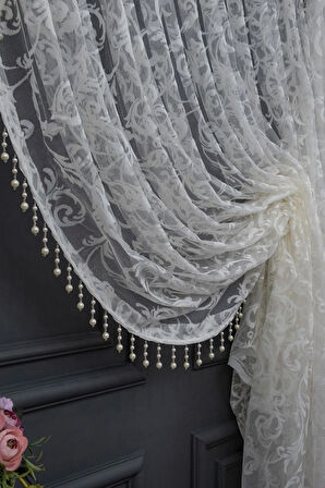 Beyaz Şal Tasarım Boncuklu Kruvaze Perde Yanki Tül Tiyatro Model Perde