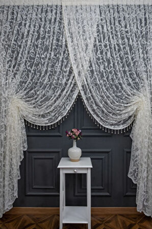 Beyaz Şal Tasarım Boncuklu Kruvaze Perde Yanki Tül Tiyatro Model Perde