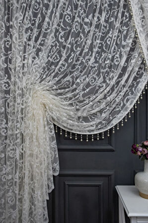 Beyaz Şal Tasarım Boncuklu Kruvaze Perde Yanki Tül Tiyatro Model Perde