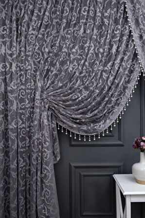 Gri Şal Tasarım Boncuklu Kruvaze Perde Yanki Tül Tiyatro Model Perde