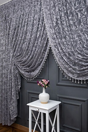 Gri Şal Tasarım Boncuklu Kruvaze Perde Yanki Tül Tiyatro Model Perde