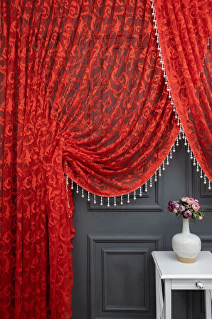 Kırmızı Şal Tasarım Boncuklu Kruvaze Perde Yanki Tül Tiyatro Model Perde