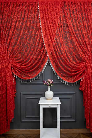 Kırmızı Şal Tasarım Boncuklu Kruvaze Perde Yanki Tül Tiyatro Model Perde