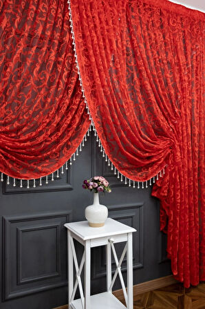 Kırmızı Şal Tasarım Boncuklu Kruvaze Perde Yanki Tül Tiyatro Model Perde