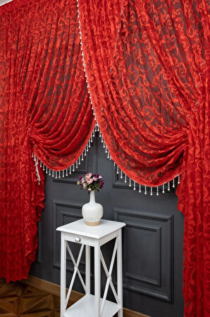 Kırmızı Şal Tasarım Boncuklu Kruvaze Perde Yanki Tül Tiyatro Model Perde