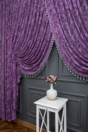 Mor Şal Tasarım Boncuklu Kruvaze Perde Yanki Tül Tiyatro Model Perde