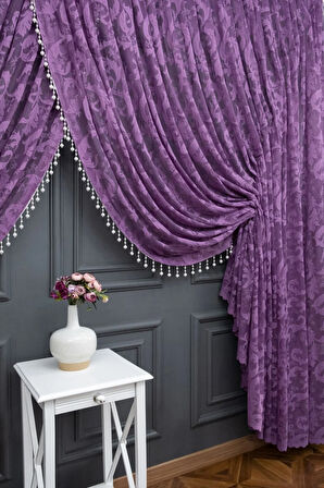 Mor Şal Tasarım Boncuklu Kruvaze Perde Yanki Tül Tiyatro Model Perde