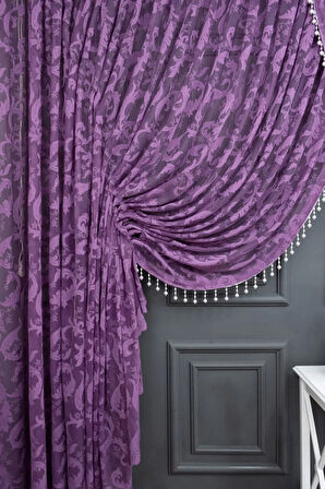 Mor Şal Tasarım Boncuklu Kruvaze Perde Yanki Tül Tiyatro Model Perde