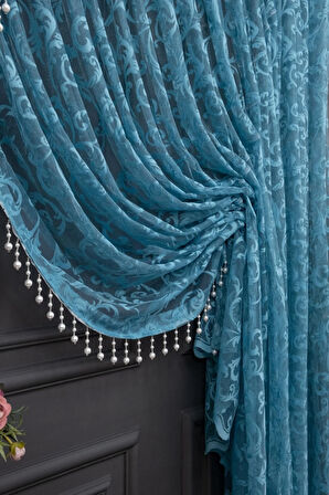 Petrol Yeşil Şal Tasarım Boncuklu Kruvaze Perde Yanki Tül Tiyatro Model Perde