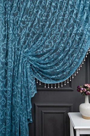 Petrol Yeşil Şal Tasarım Boncuklu Kruvaze Perde Yanki Tül Tiyatro Model Perde