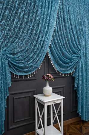 Petrol Yeşil Şal Tasarım Boncuklu Kruvaze Perde Yanki Tül Tiyatro Model Perde