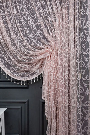 Pudra Pembe Şal Tasarım Boncuklu Kruvaze Perde Yanki Tül Tiyatro Model Perde