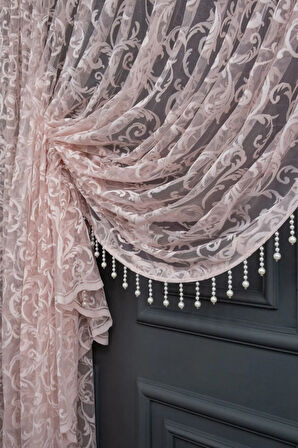 Pudra Pembe Şal Tasarım Boncuklu Kruvaze Perde Yanki Tül Tiyatro Model Perde