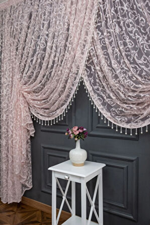 Pudra Pembe Şal Tasarım Boncuklu Kruvaze Perde Yanki Tül Tiyatro Model Perde