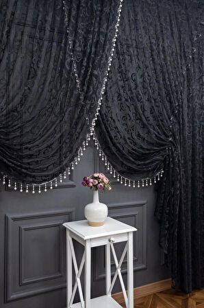 Siyah Şal Tasarım Boncuklu Kruvaze Perde Yanki Tül Tiyatro Model Perde