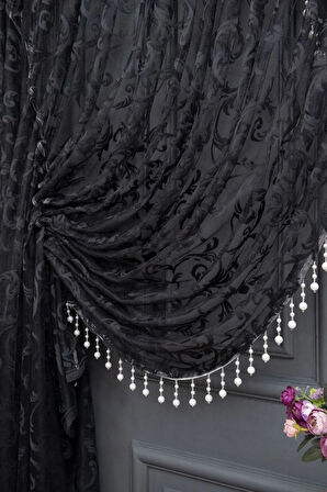 Siyah Şal Tasarım Boncuklu Kruvaze Perde Yanki Tül Tiyatro Model Perde