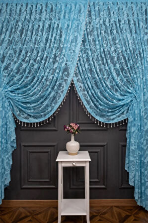 Turkuaz Yeşil Şal Tasarım Boncuklu Kruvaze Perde Yanki Tül Tiyatro Model Perde