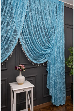 Turkuaz Yeşil Şal Tasarım Boncuklu Kruvaze Perde Yanki Tül Tiyatro Model Perde