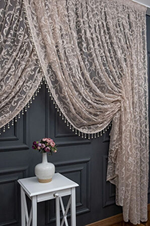 Vizon Bej Açık Kahverengi Renk Şal Tasarım Boncuklu Kruvaze Perde