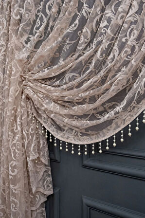 Vizon Bej Açık Kahverengi Renk Şal Tasarım Boncuklu Kruvaze Perde