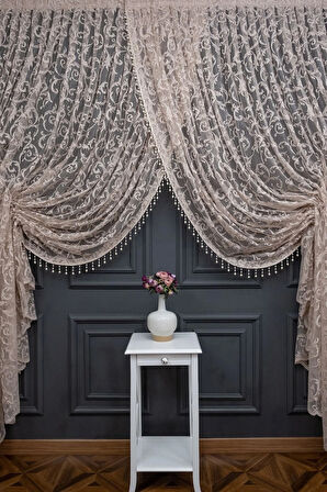 Vizon Bej Açık Kahverengi Renk Şal Tasarım Boncuklu Kruvaze Perde