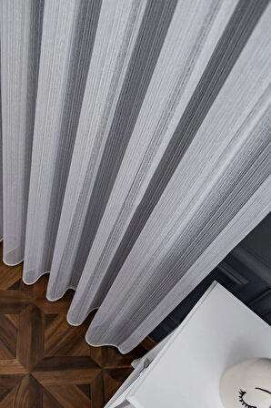 Gümüş Metalik Gri Renk Sim Çelik Tarz Tasarım Tül 1e2 Kat Pileli