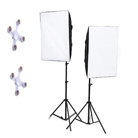 50x70cm Softbox 4 Duylu Ikili Sürekli Işık Seti Foto Video Ürün Çekim Makyaj 8 Duy 50x70 Softbox