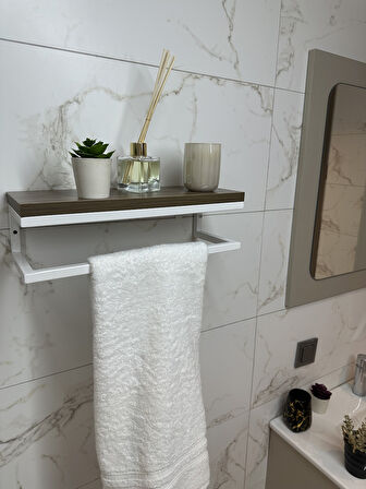 Fulya Banyo Ahşap Raflı Beyaz Metal Havlu, Şal Askılık Ceviz Raf