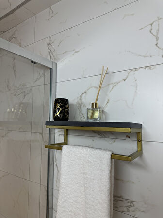 Fulya Banyo Ahşap Raflı Gold Metal Havlu, Şal Askılık Antrasit Raf