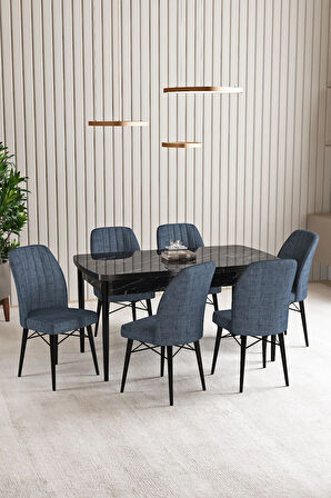 Vien Siyah Mermer Desen 80 X 132 Açılabilir MDF Mutfak Masası 6  Sandalye