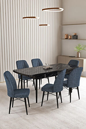 Vien Siyah Mermer Desen 80 X 132 Açılabilir MDF Mutfak Masası 6  Sandalye