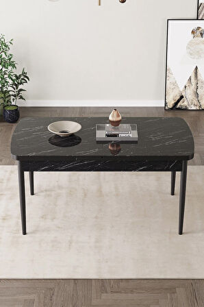 Vien Siyah Mermer Desen 80 X 132 Açılabilir MDF Mutfak Masası 6  Sandalye
