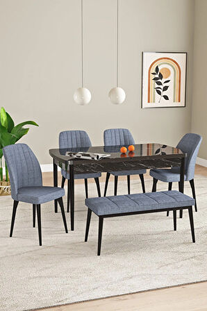 Elis Siyah Mermer Desen 80x132 Açılabilir Masa Takımı 4 Sandalye, 1 Bench