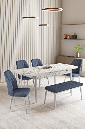 Vien Beyaz Mermer Desen 80 X 132 Açılabilir MDF Mutfak Masası 4 Sandalye, 1 Bench