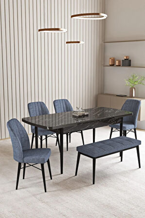 Vien Siyah Mermer Desen 80 X 132 Açılabilir MDF Mutfak Masası 4 Sandalye, 1 Bench